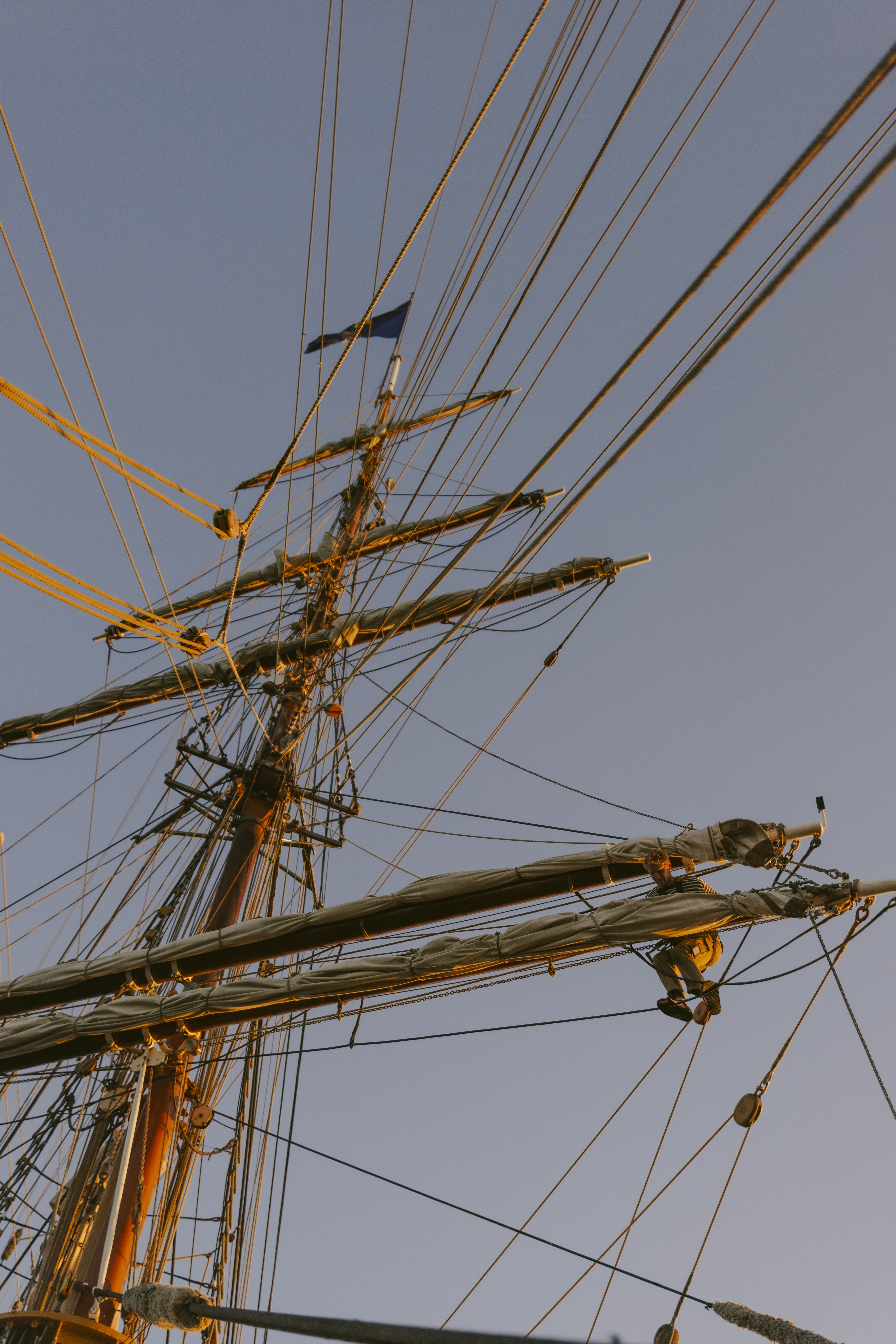 Looking up at the rigging of Bark EUROPA at dusk